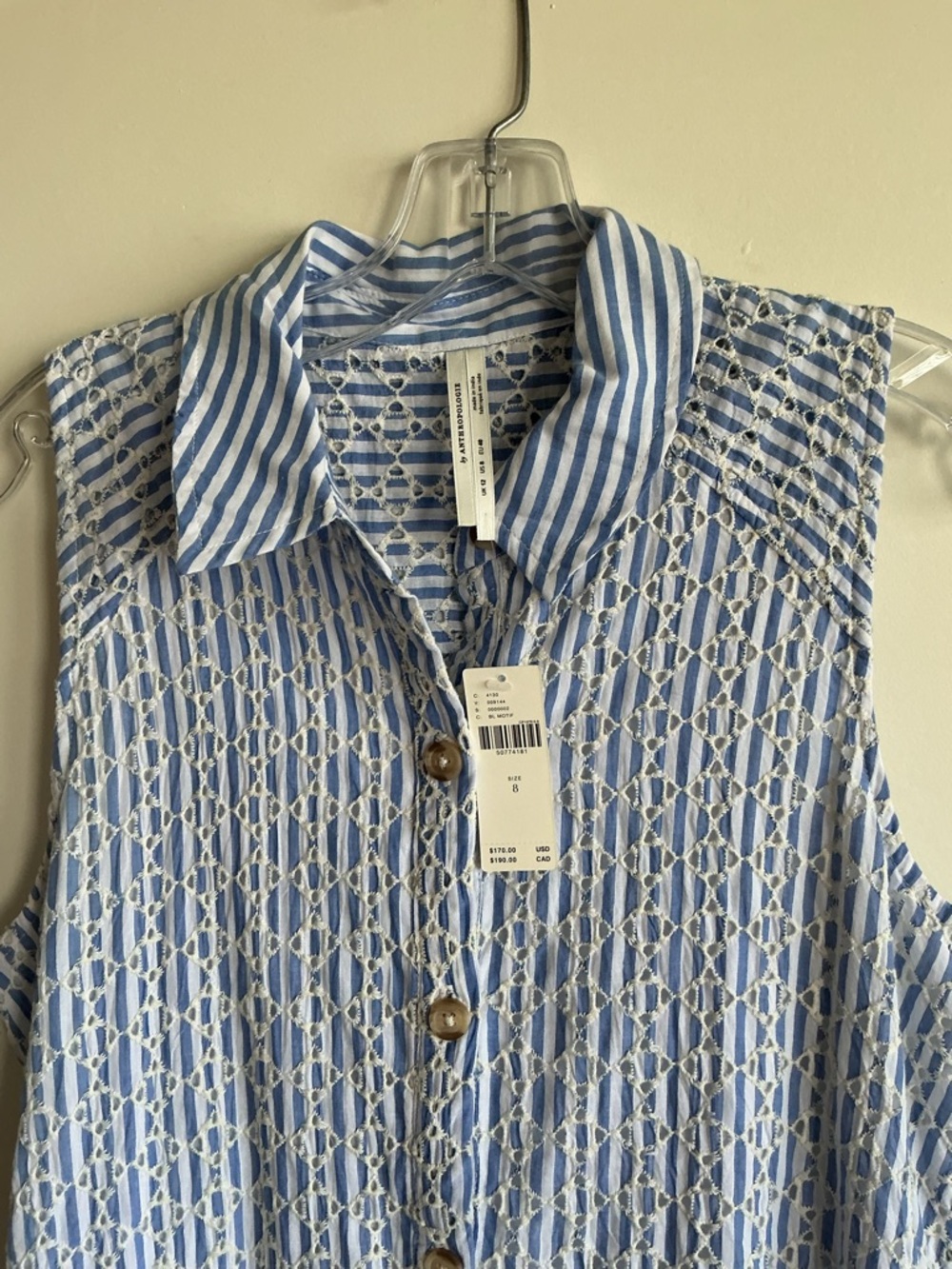 NWT Anthropologie Blue White Striped Eyelet Midi Shirt Dress 8 Coastal Pockets - Picture 4 of 9